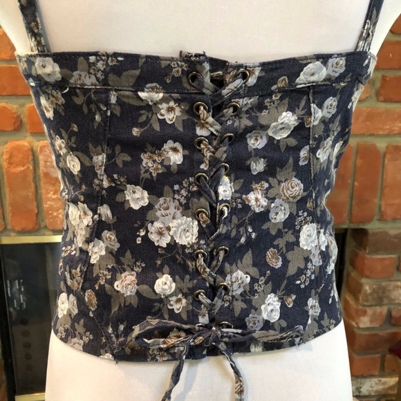 Vintage Blue Floral Bodice Corset Crop Shirt - Picture 7 of 7